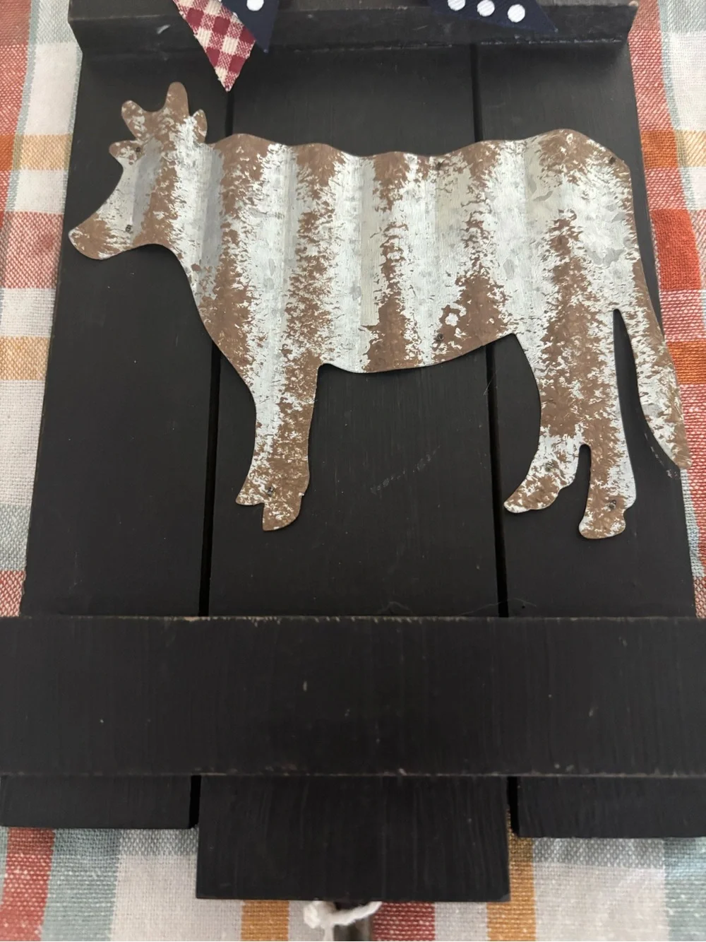 Rustic Primitive Country Farmhouse Cow Wood/Tin Wall Hook Decor Bow Final Sale